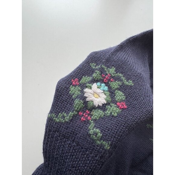 Vintage 90's HERMAN GEIST Navy Blue Knit Hand Embroidered Floral Sweater, Size S - Picture 9 of 12
